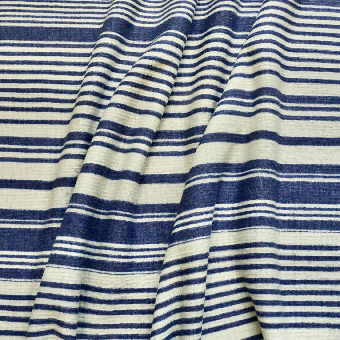 viscose jersey knit dress fabric deadstock with stripe patter in blue and white