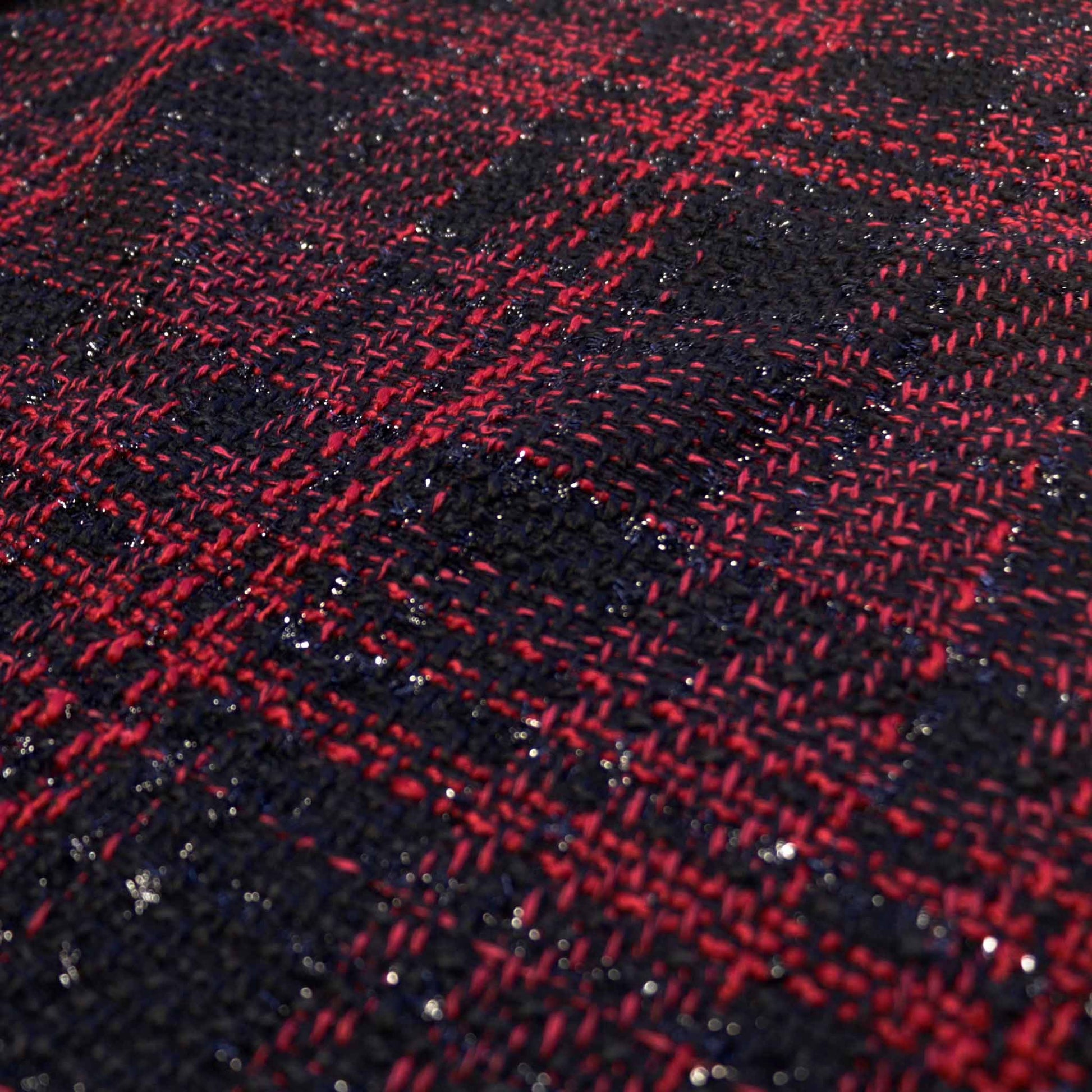 check boucle dressmaking fabric in red and black with lurex