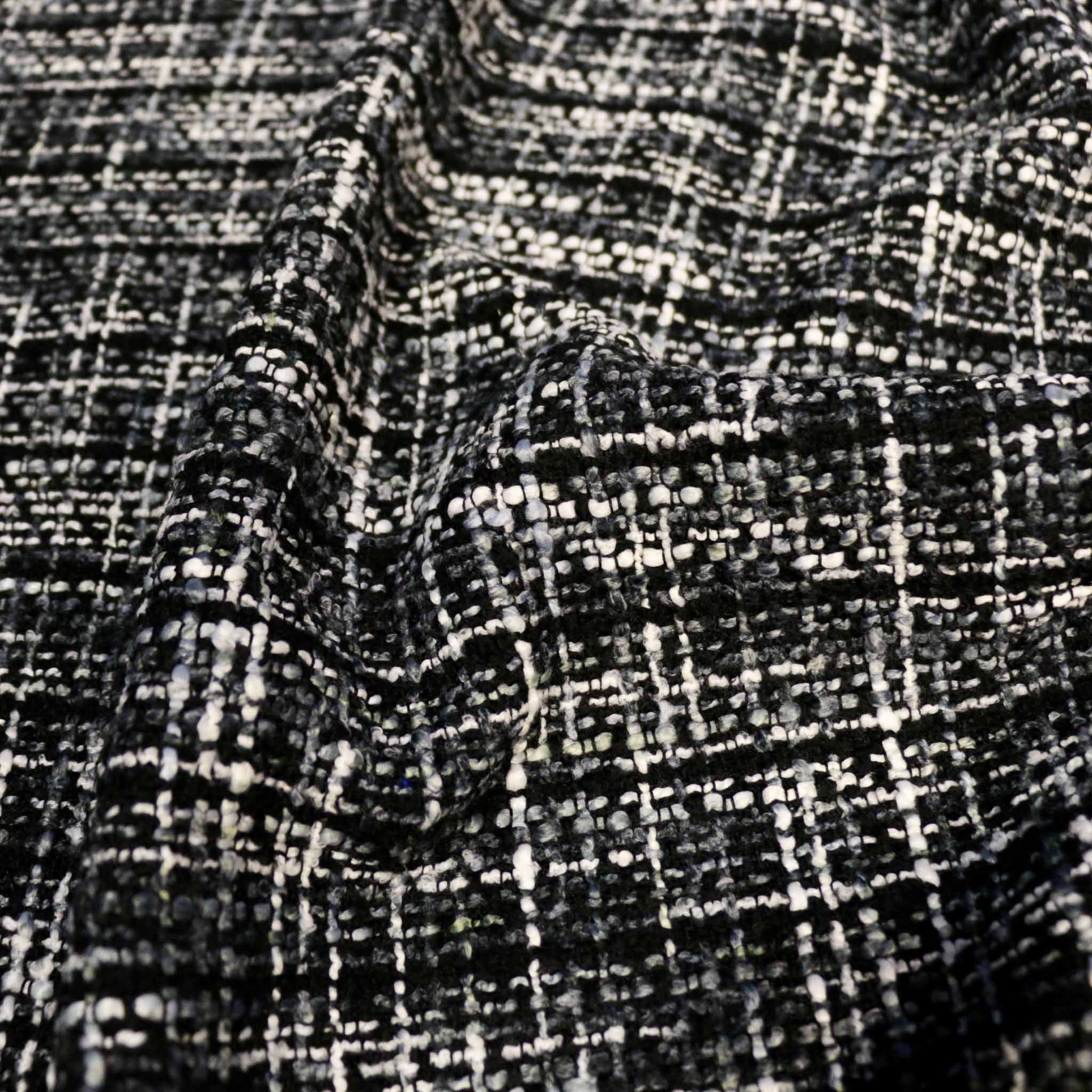 wool blend basket weave dressmaking fabric in black and white texture