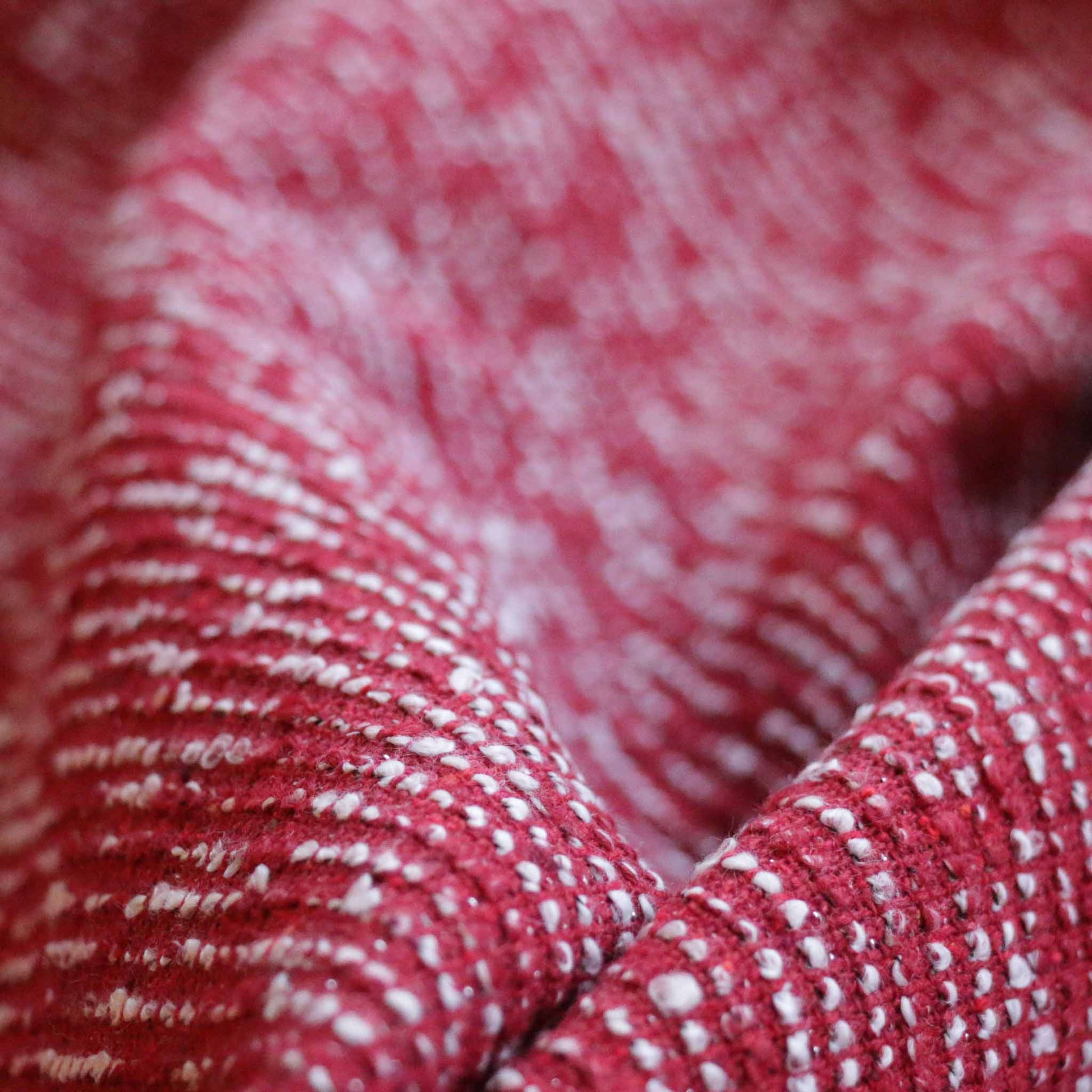 red boucle dressmaking wool blend fabric with silver lurex
