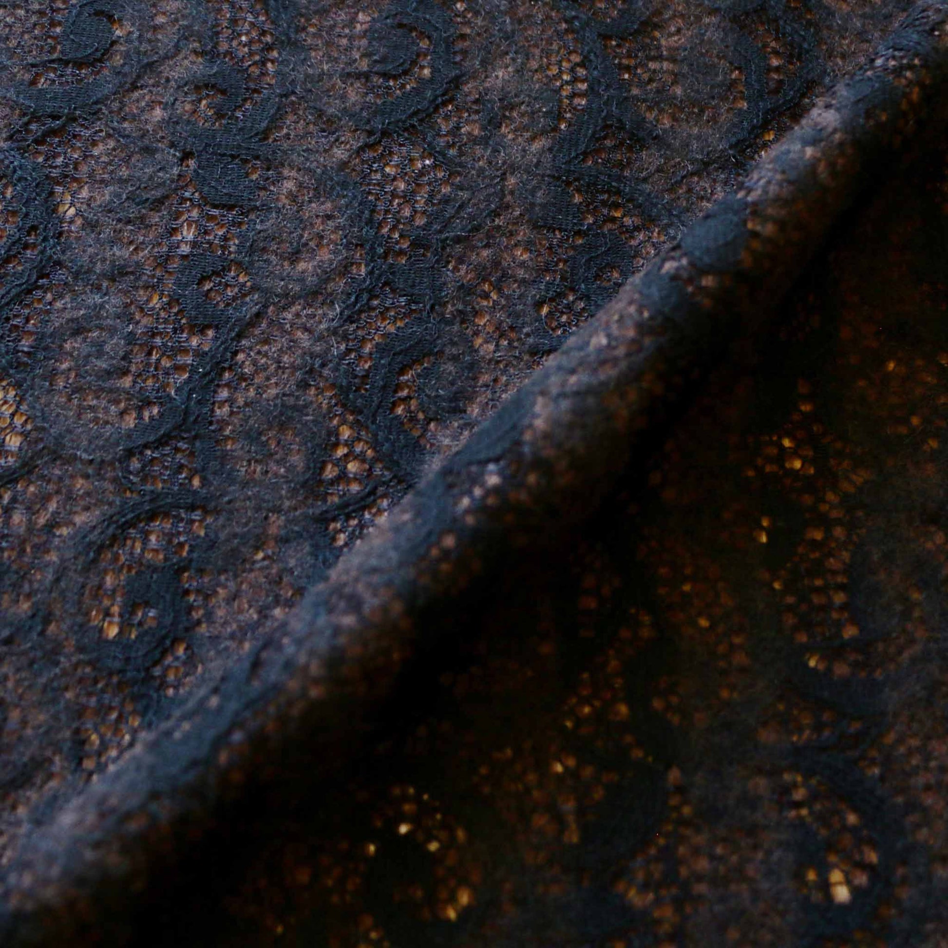 floral lace bonded wool dressmaking fabric in brown and black