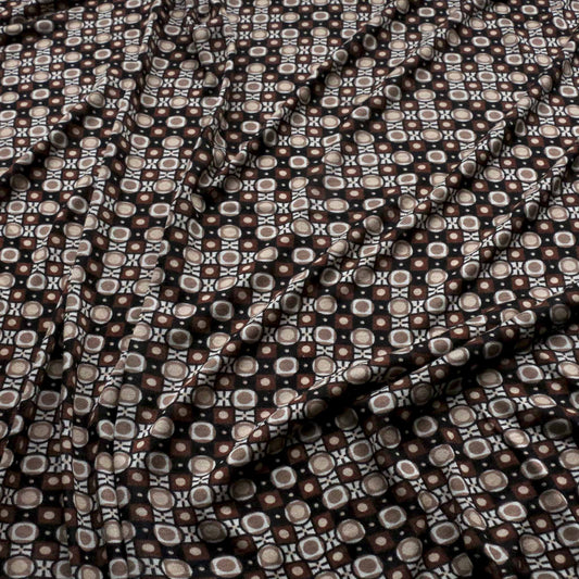 sustainable deadstock vintage jersey knit retro dressmaking fabric with brown and black printed design
