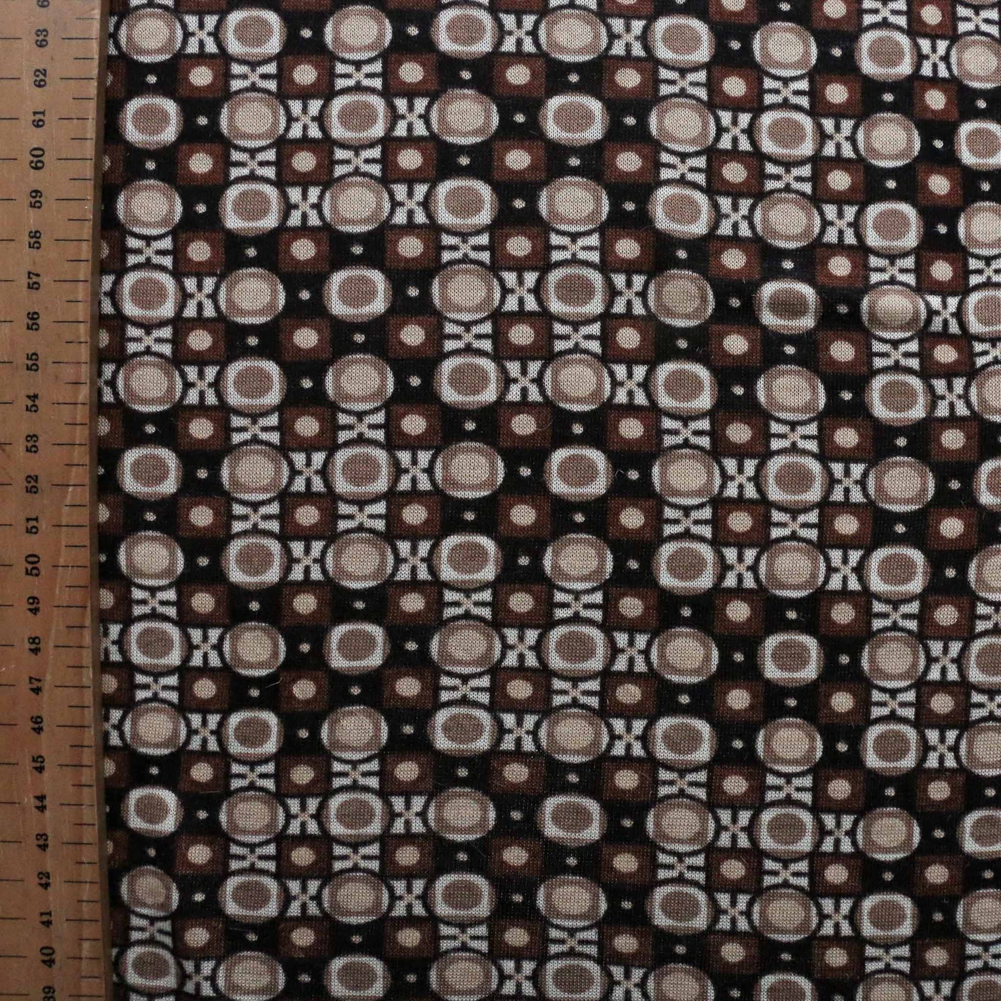 metre sustainable vintage jersey knit brown and black retro printed deadstock dressmaking fabric