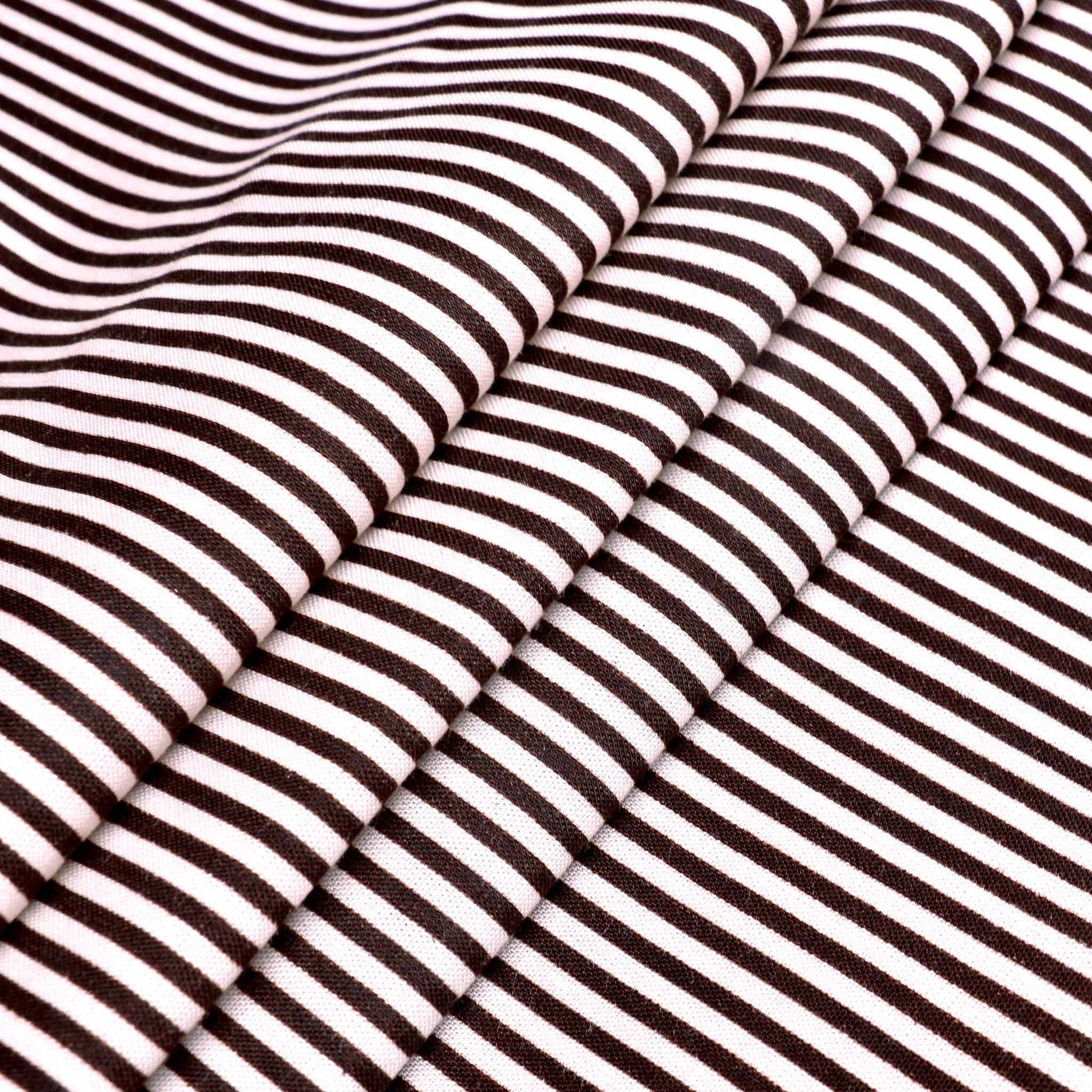 striped sustainable cotton dressmaking fabric for vintage look with brown stripes on white