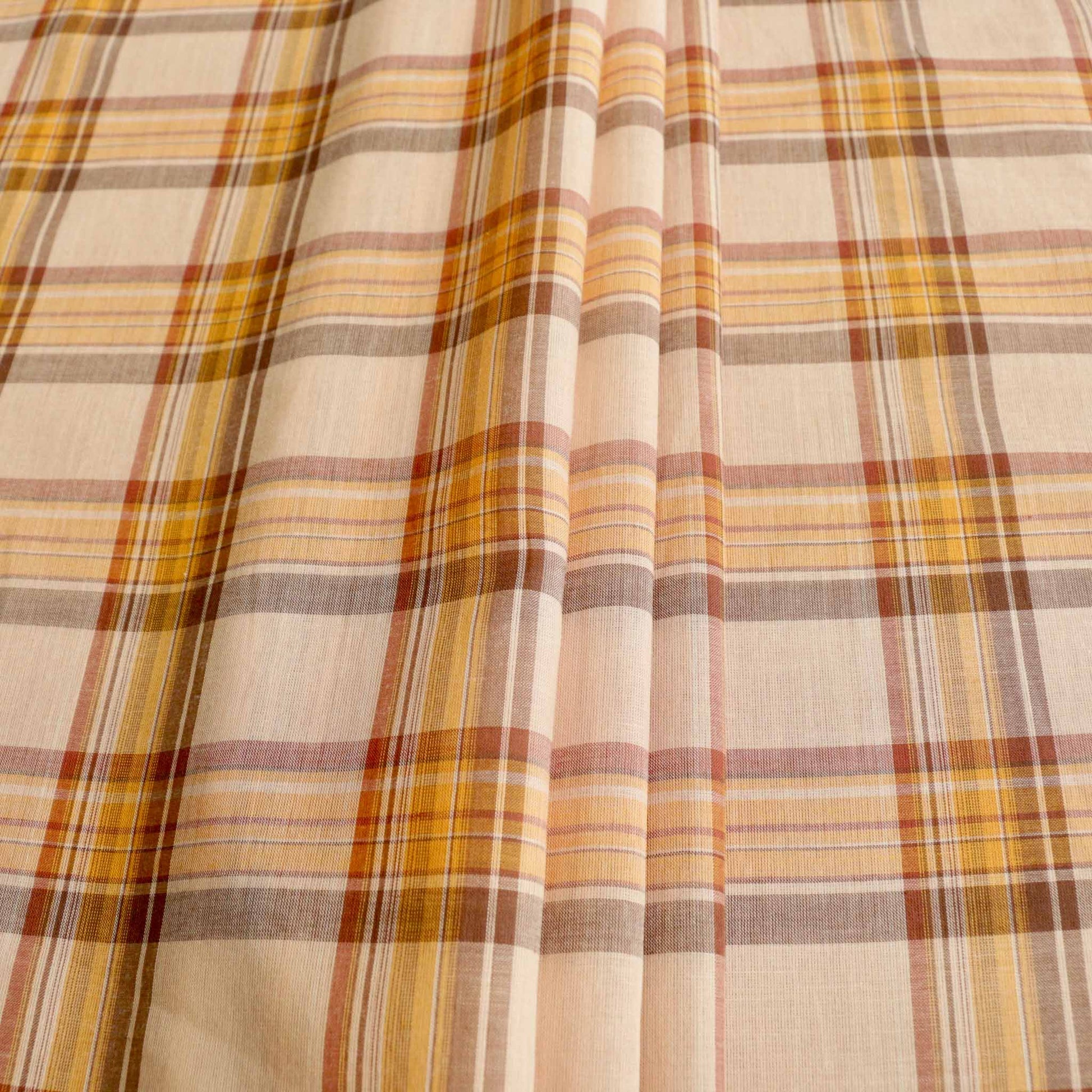vintage cotton check pattern dressmaking fabric in pale beige colour