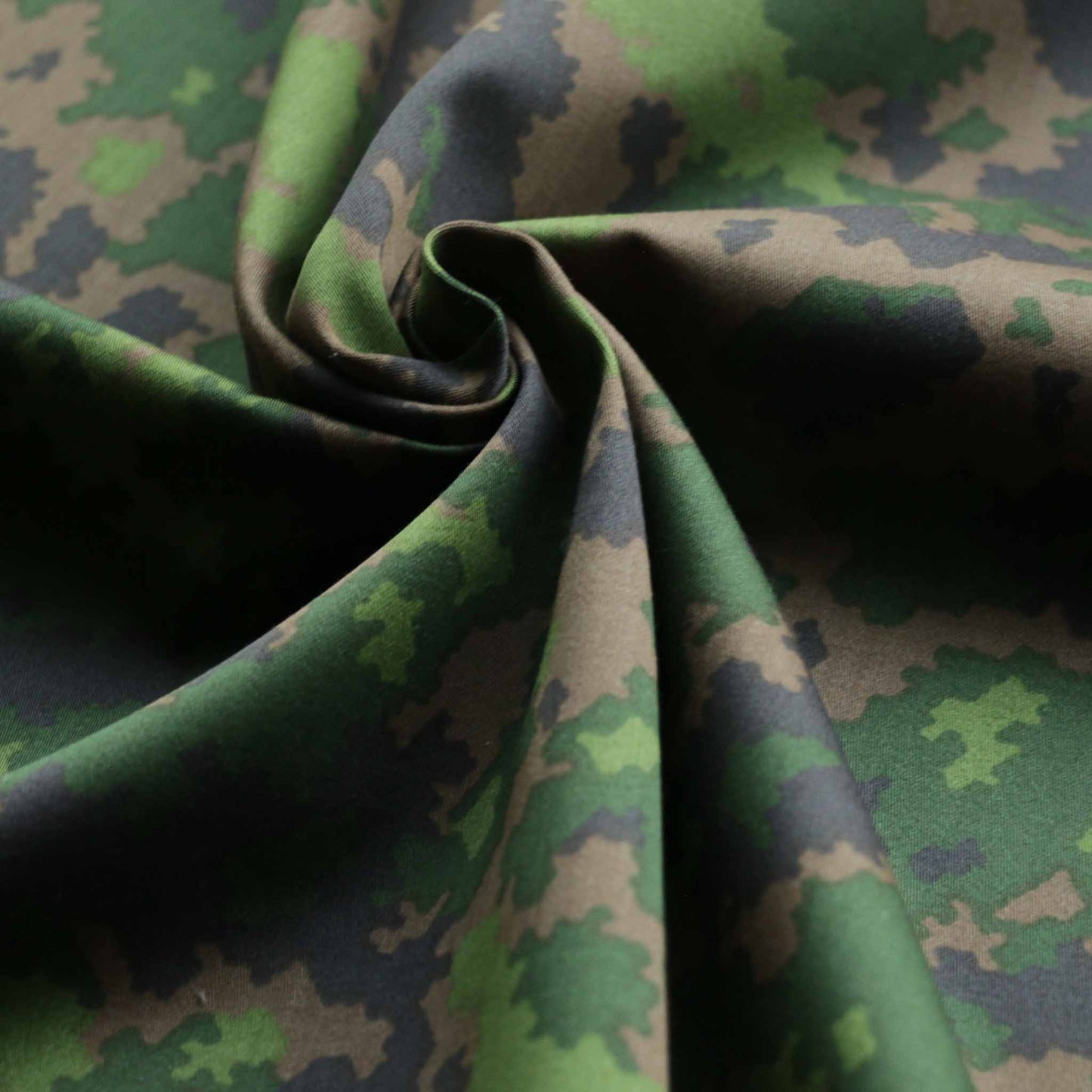 green and brown camouflage cotton drill dressmaking fabric