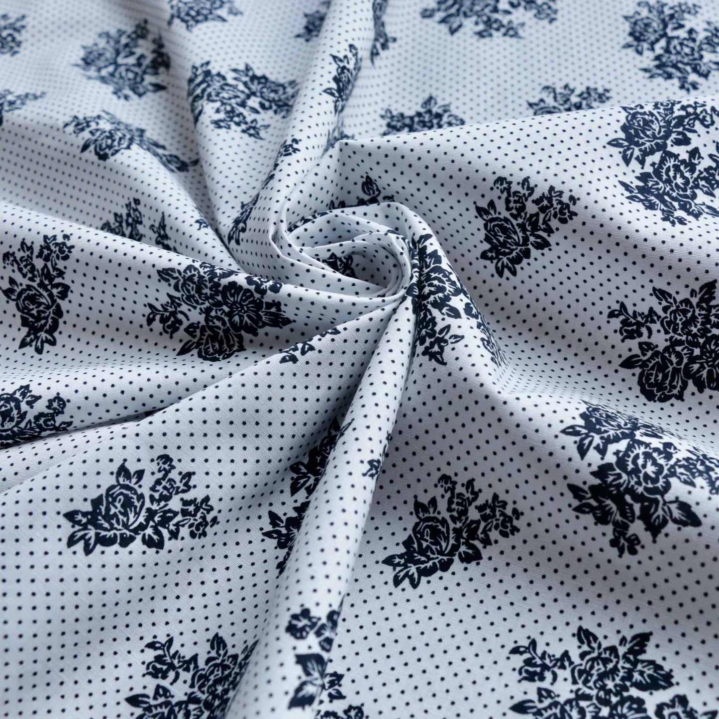 navy polka dots and flowers printed on white cotton poplin dressmaking fabric
