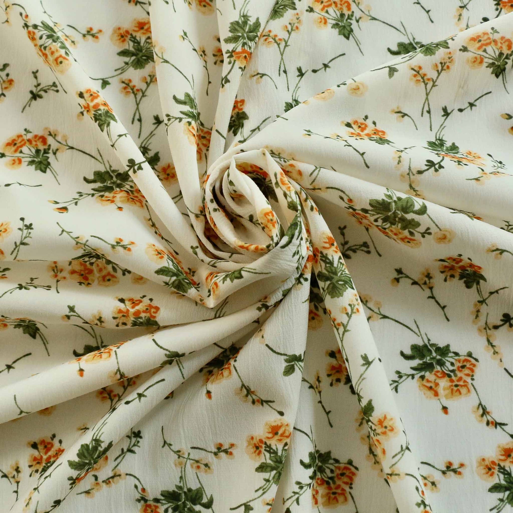 floral printed cream chiffon polyester dressmaking fabric with green and yellow print