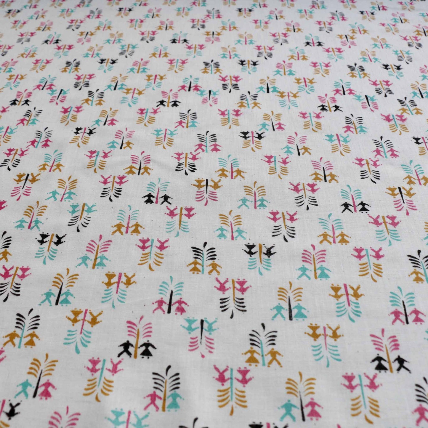 eco vintage cream cotton dressmaking fabric with boy girl print in black beige and pink colours