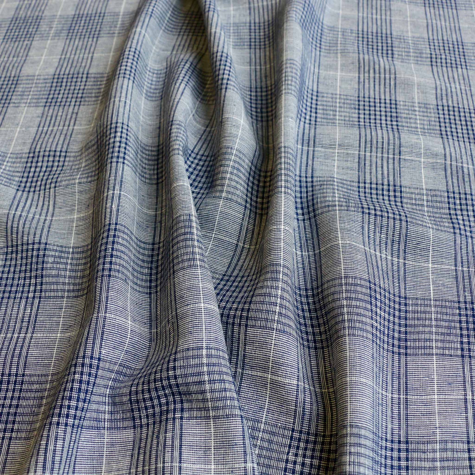 denim blue linen viscose suiting fabric with check design for dressmaking