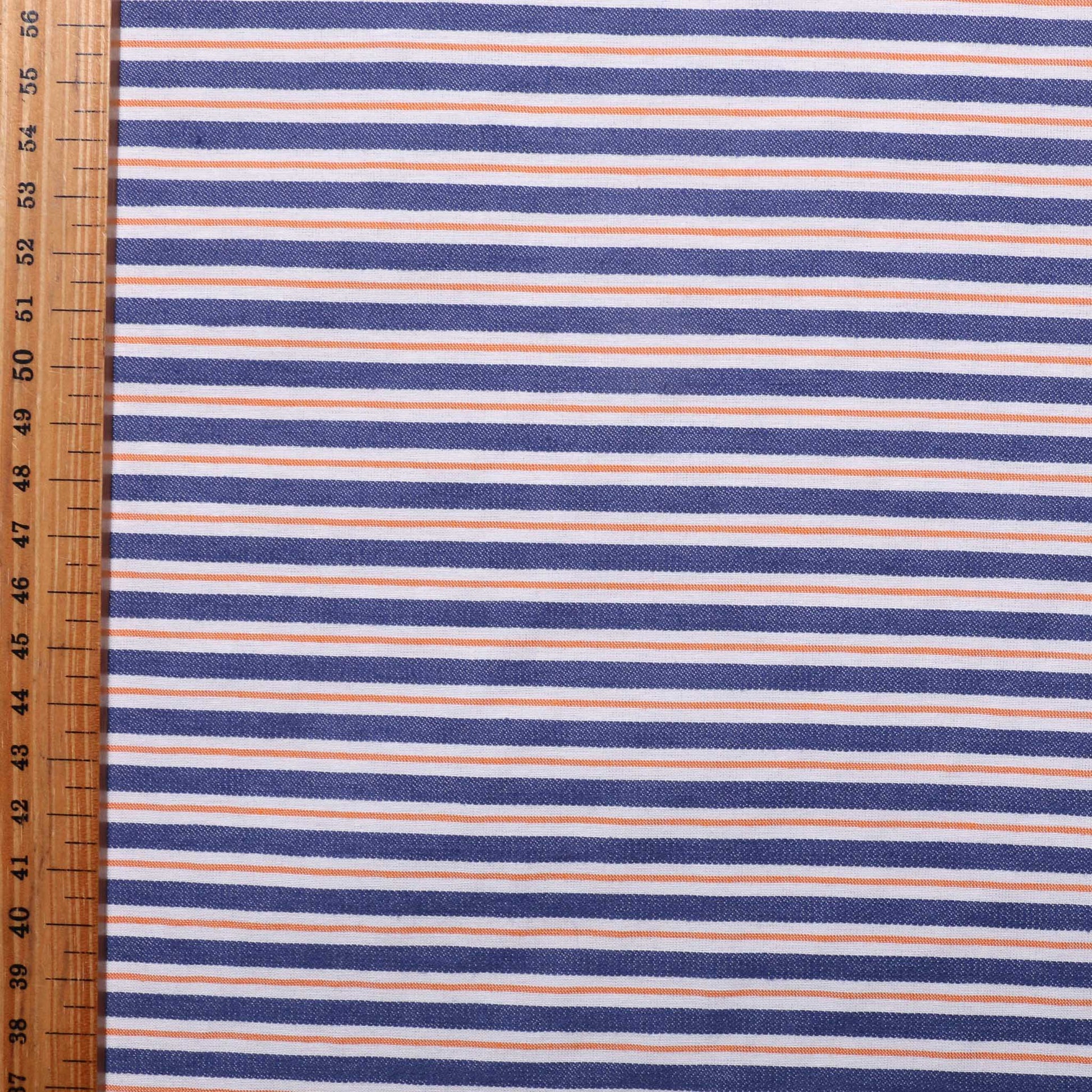 metre denim dressmaking fabric with yellow and white striped design