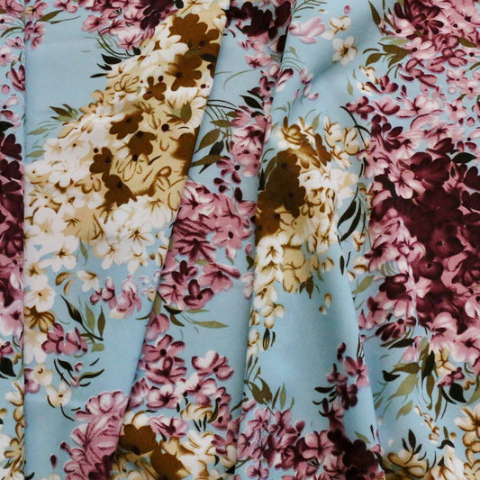 floral blue and maroon chiffon polyester stretchy dressmaking fabric with printed flowers