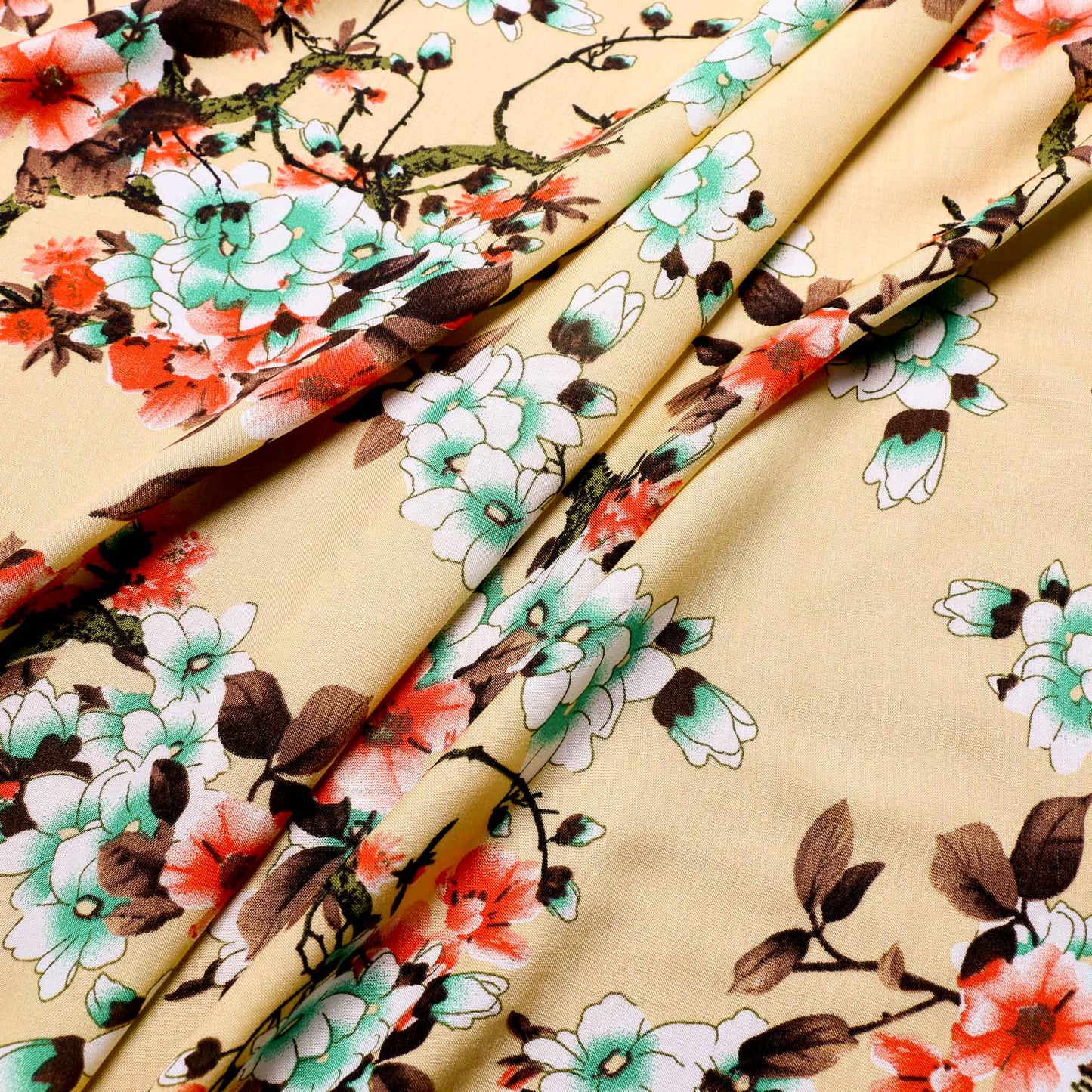 close up view of viscose Japanese flower fabric