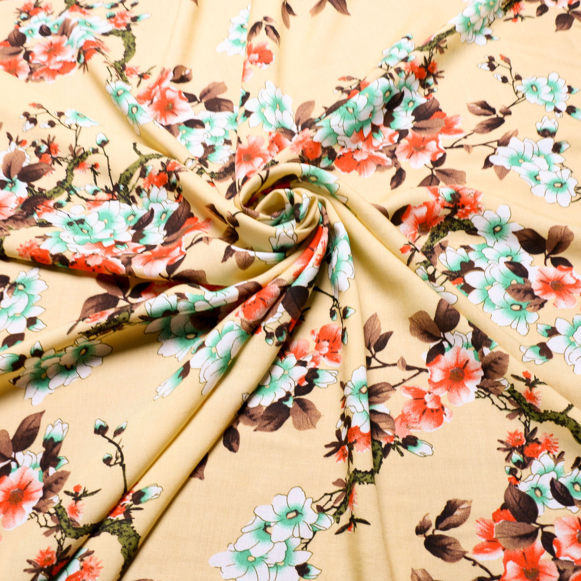 viscose fabric with Japanese floral print in orange and green
