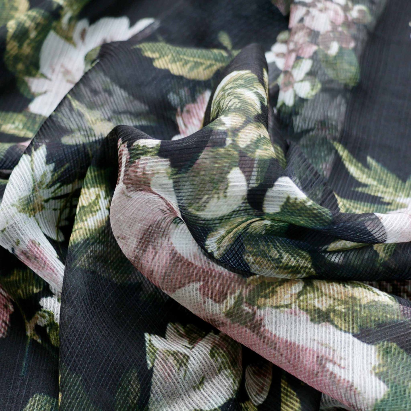 pink and black floral printed chiffon polyester dressmaking crinkle fabric