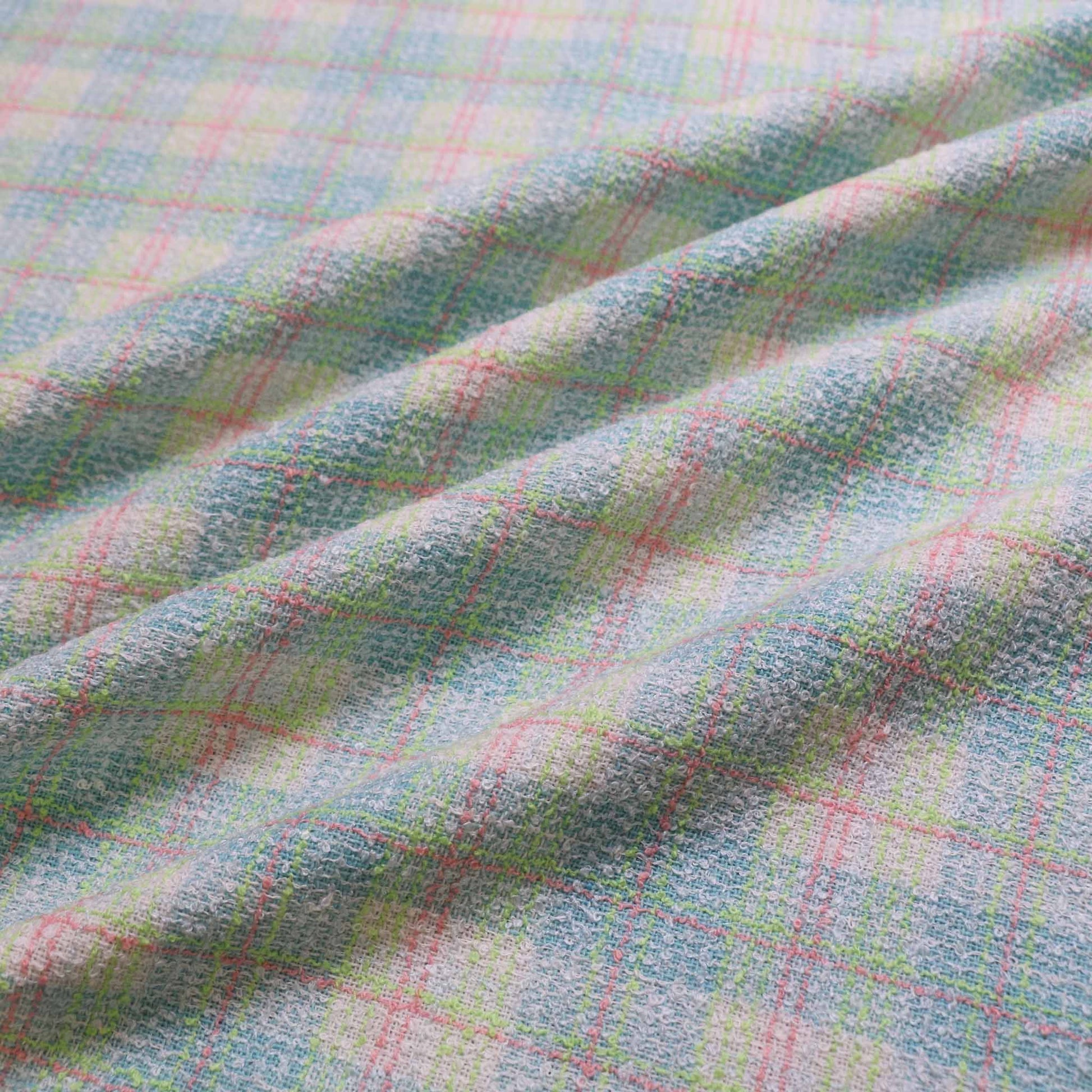 mint green wool blend boucle dressmaking fabric with lime green and pink check pattern