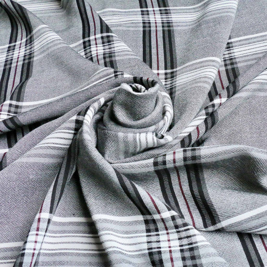 grey and black lightweight viscose challis dressmaking rayon fabric with check pattern
