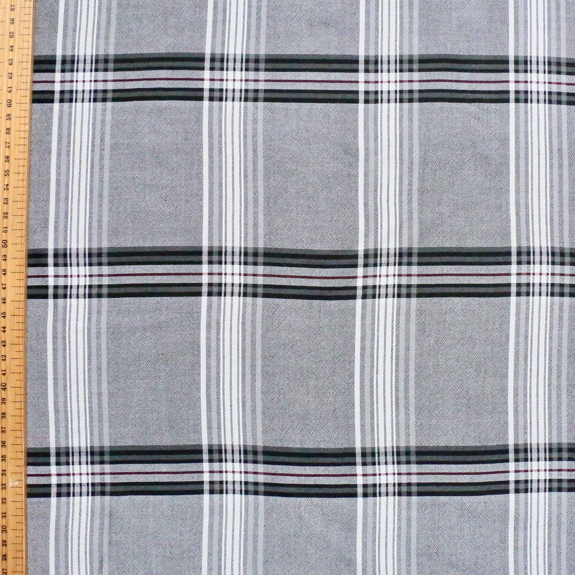 metre grey and black viscose challis dressmaking rayon fabric with white check pattern