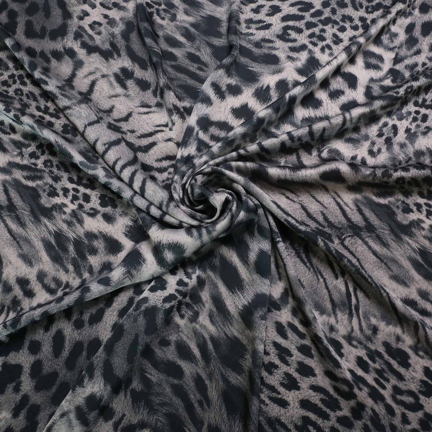 dark grey animal print design pale grey satin dressmaking fabric