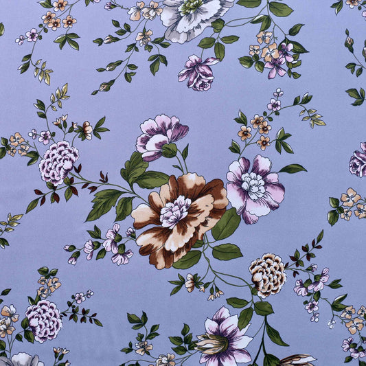 lilac georgette dressmaking fabric with floral print in browns and purples