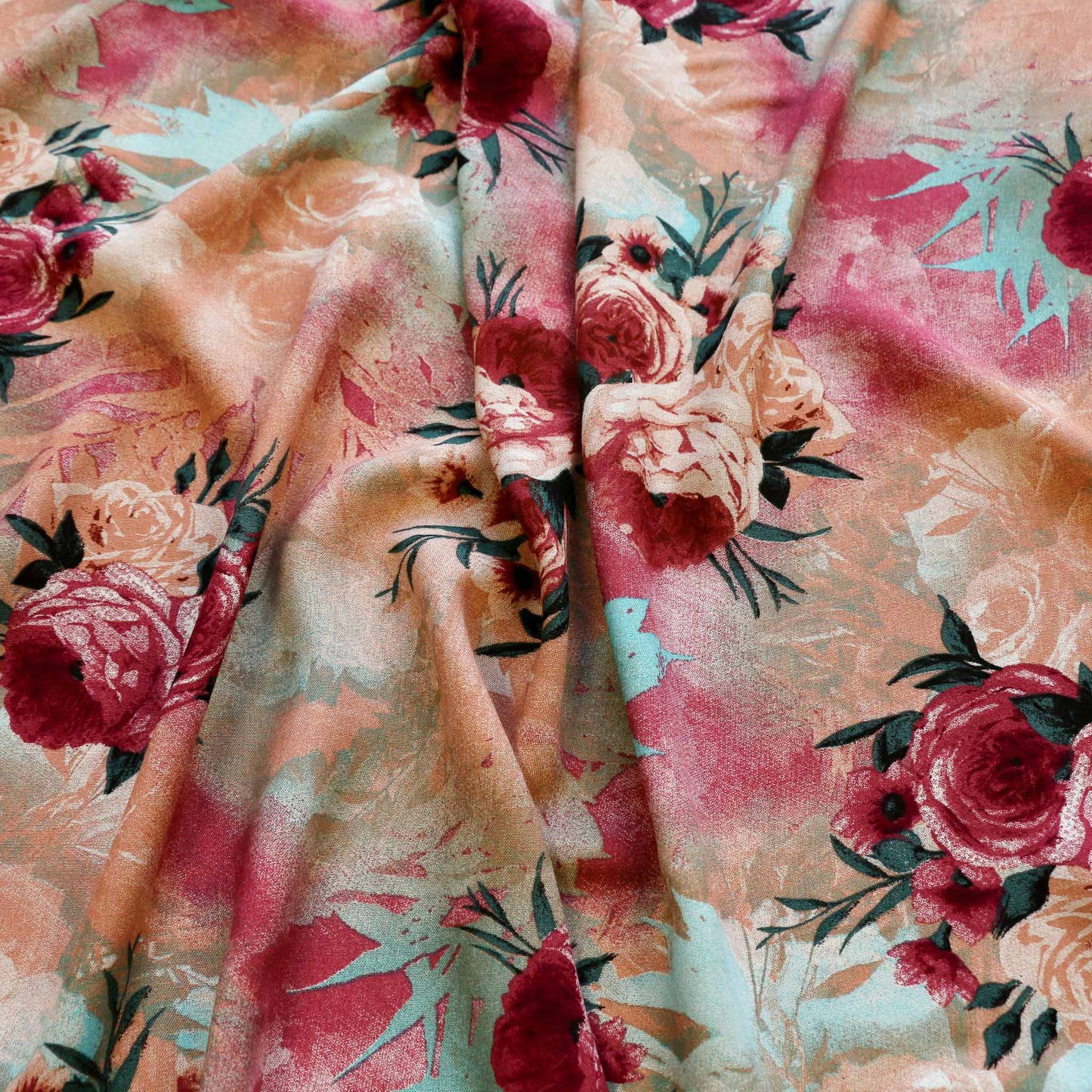 maroon blue and pale beige printed flowers on viscose challis dressmaking rayon fabric