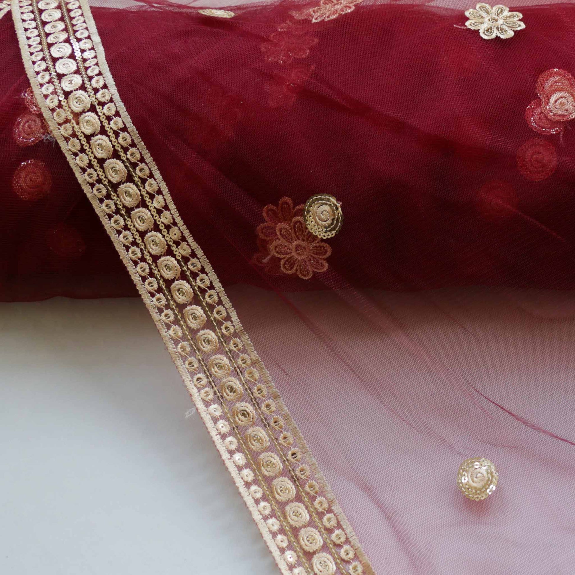 maroon and gold embroidery tulle Indian fabric for dressmaking
