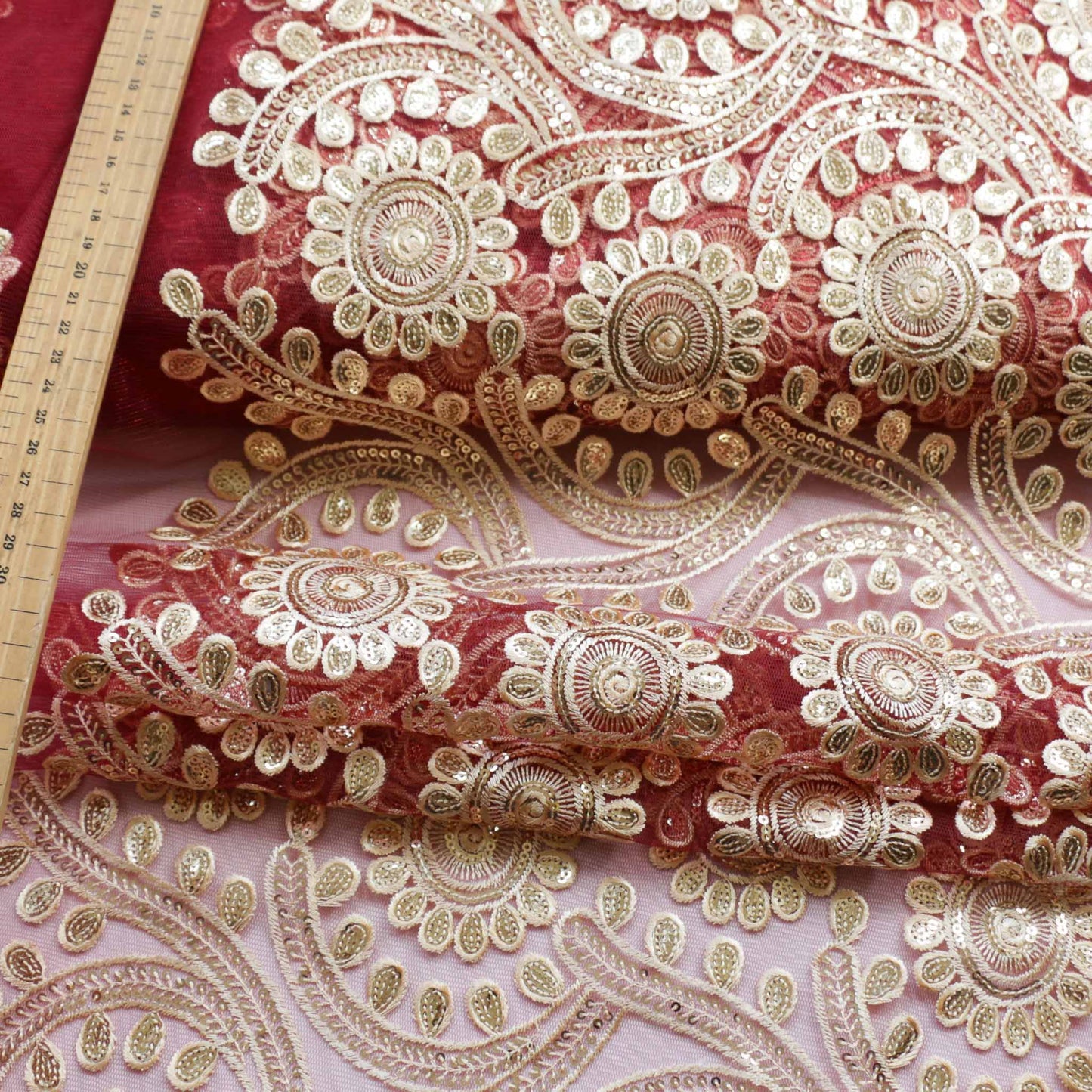 maroon and gold embroidered Indian tulle netting sequins fabric