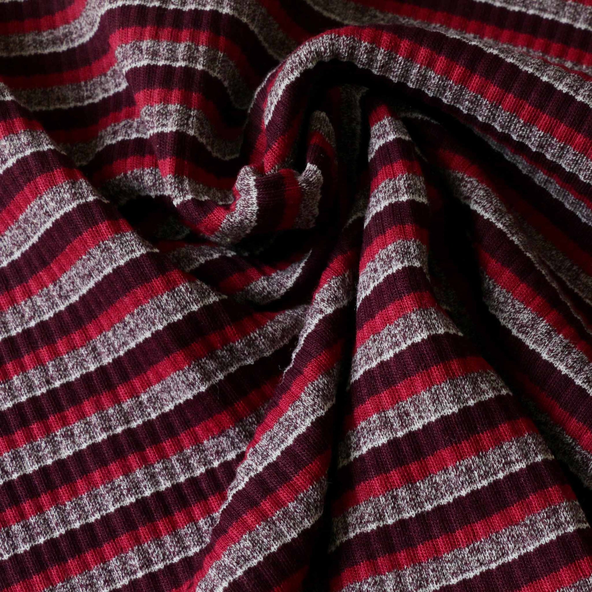 maroon pink and grey rib jersey knit striped dressmaking fabric