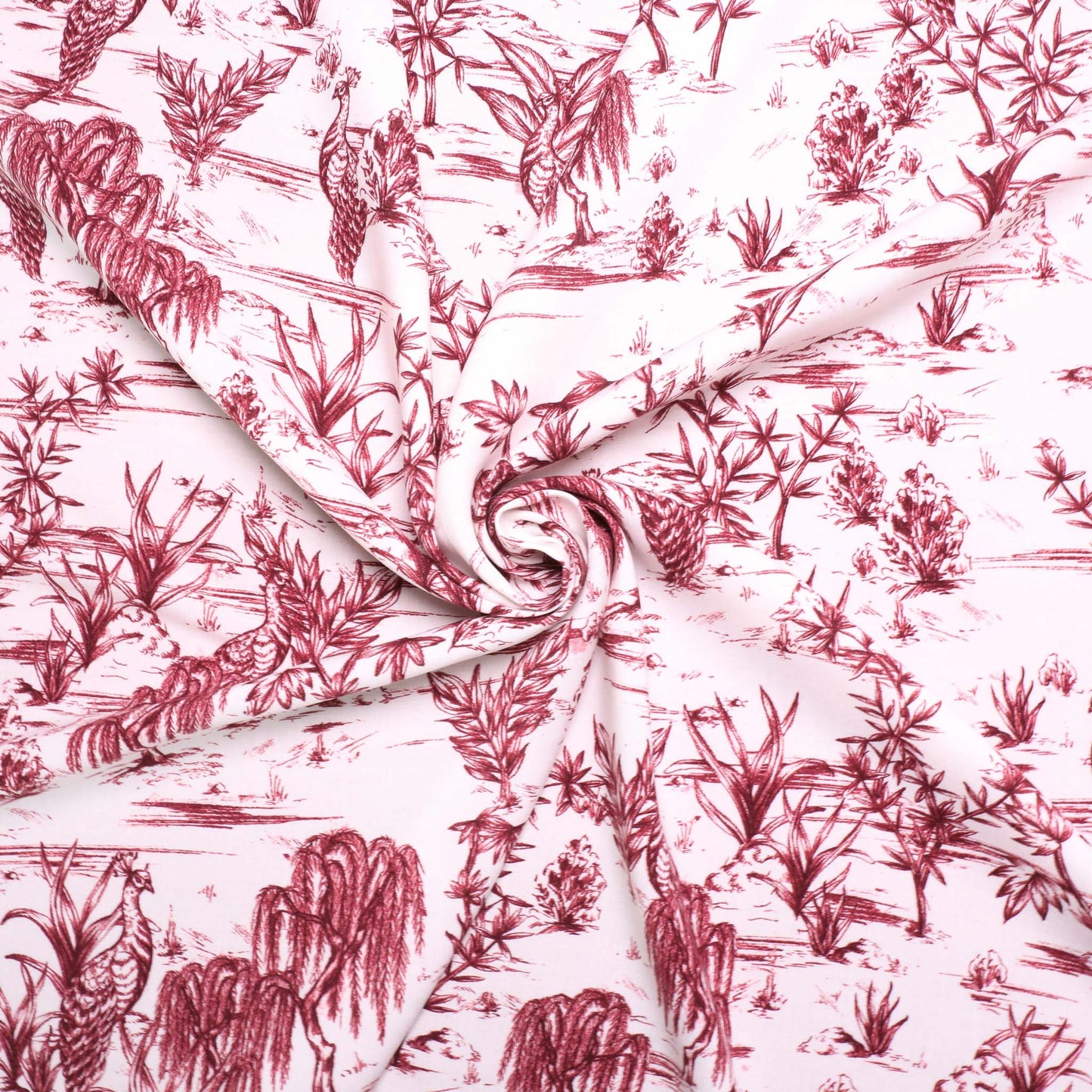 viscose fabric with maroon peacock on off white