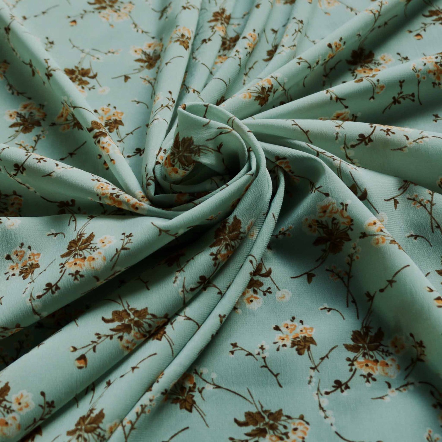 mint duck egg coloured chiffon dressmaking polyester fabric with brown and beige floral print