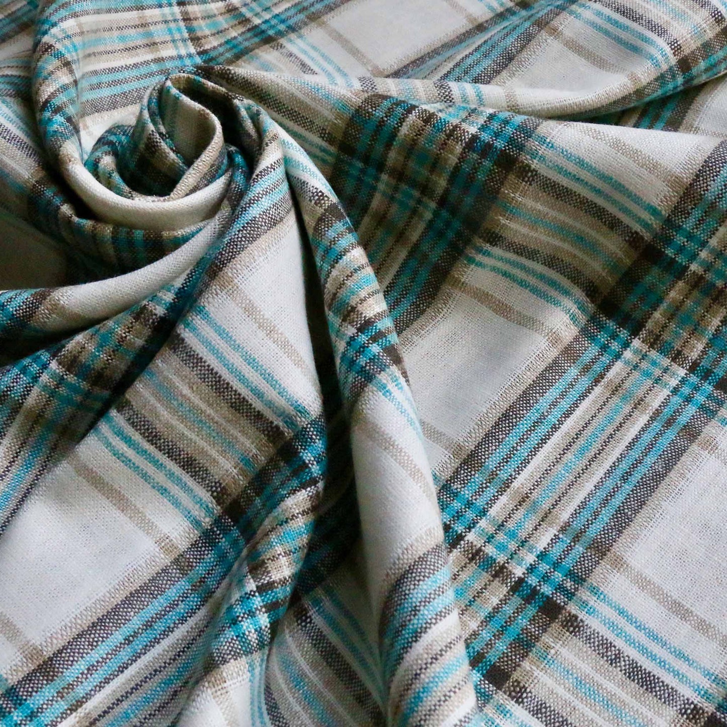 linen viscose check pattern fabric for dressmaking in turquoise white and mint colours