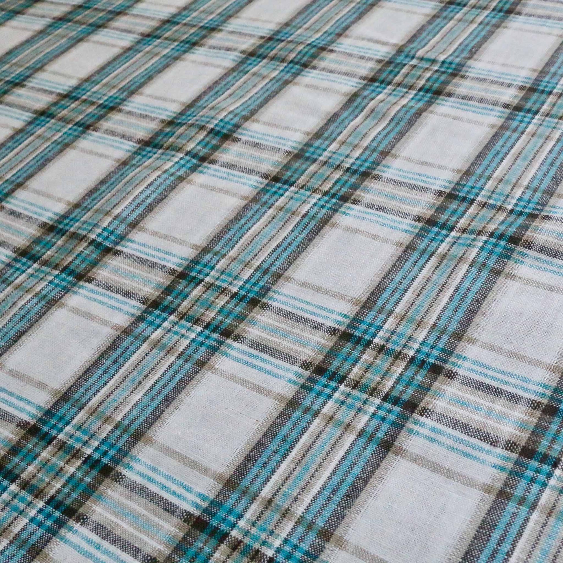 mint white linen viscose dressmaking fabric with check design
