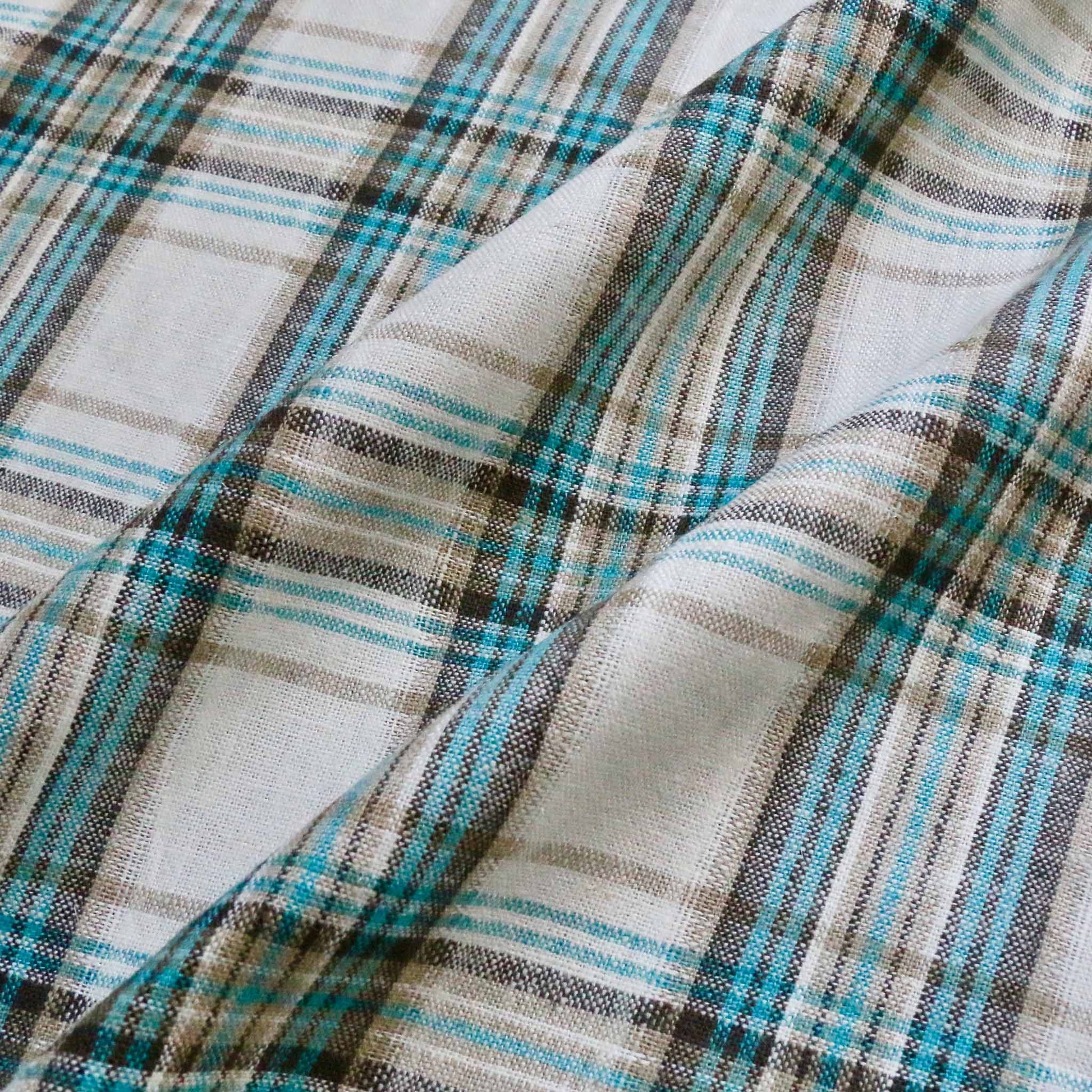 white linen viscose fabric for dressmaking with mint blue and dark beige check design
