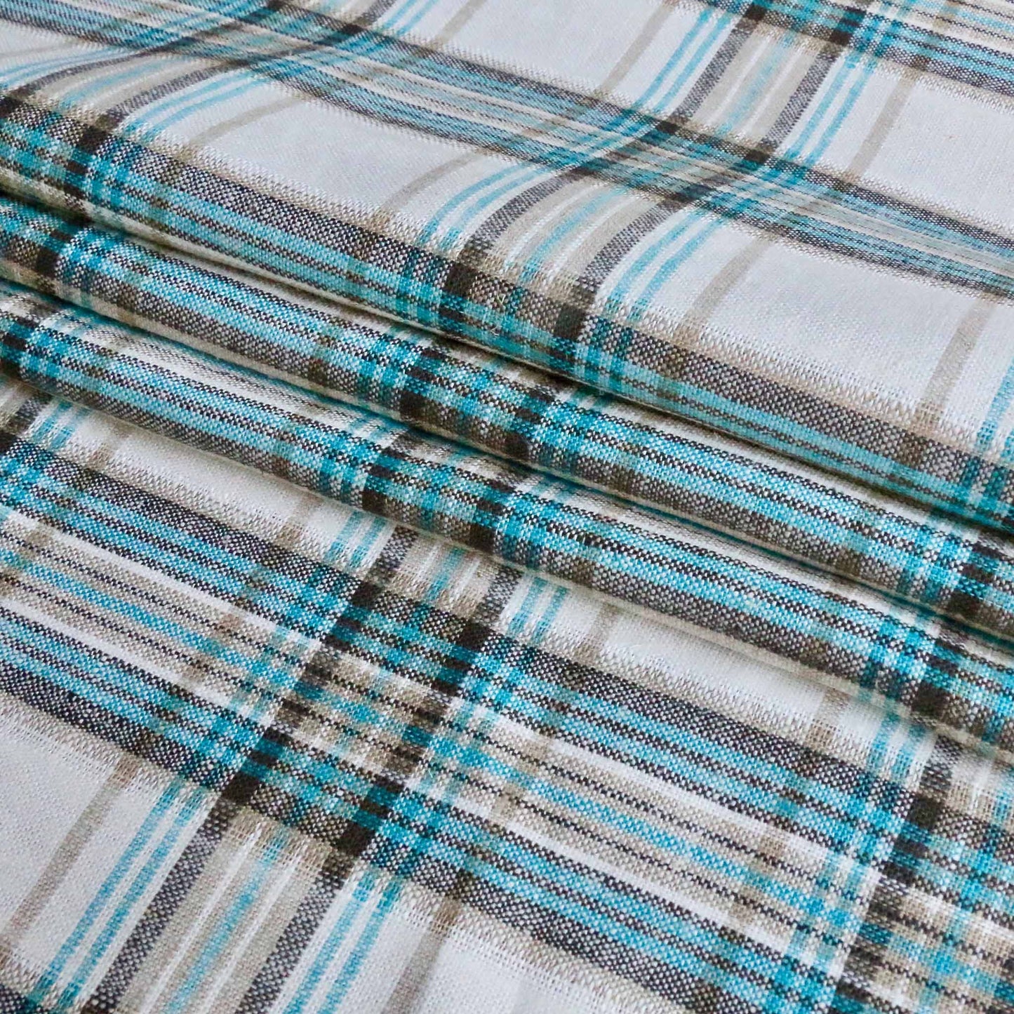 printed check viscose linen in white and mint blue fabric for dressmaking