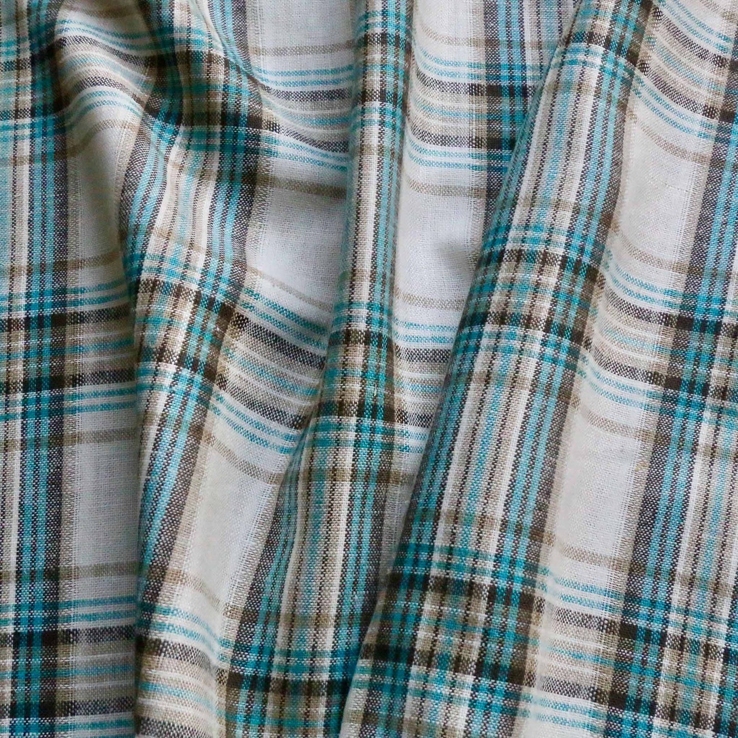 mint and white linen viscose dressmaking fabric with check pattern