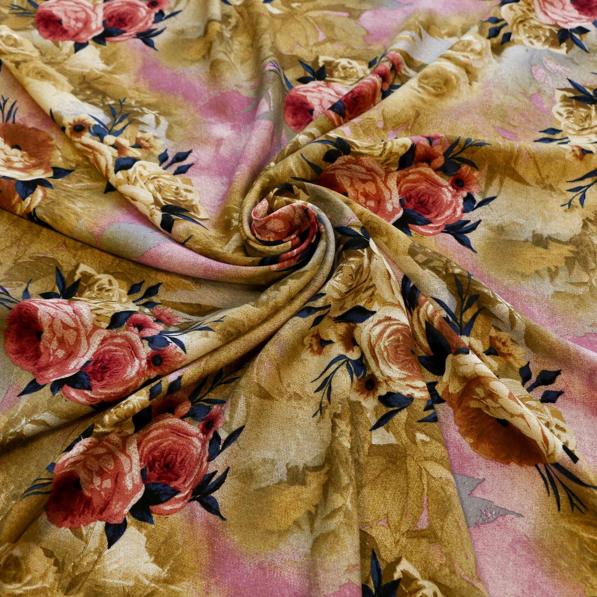 mustard and pink viscose challis dressmaking rayon fabric with heavy floral print