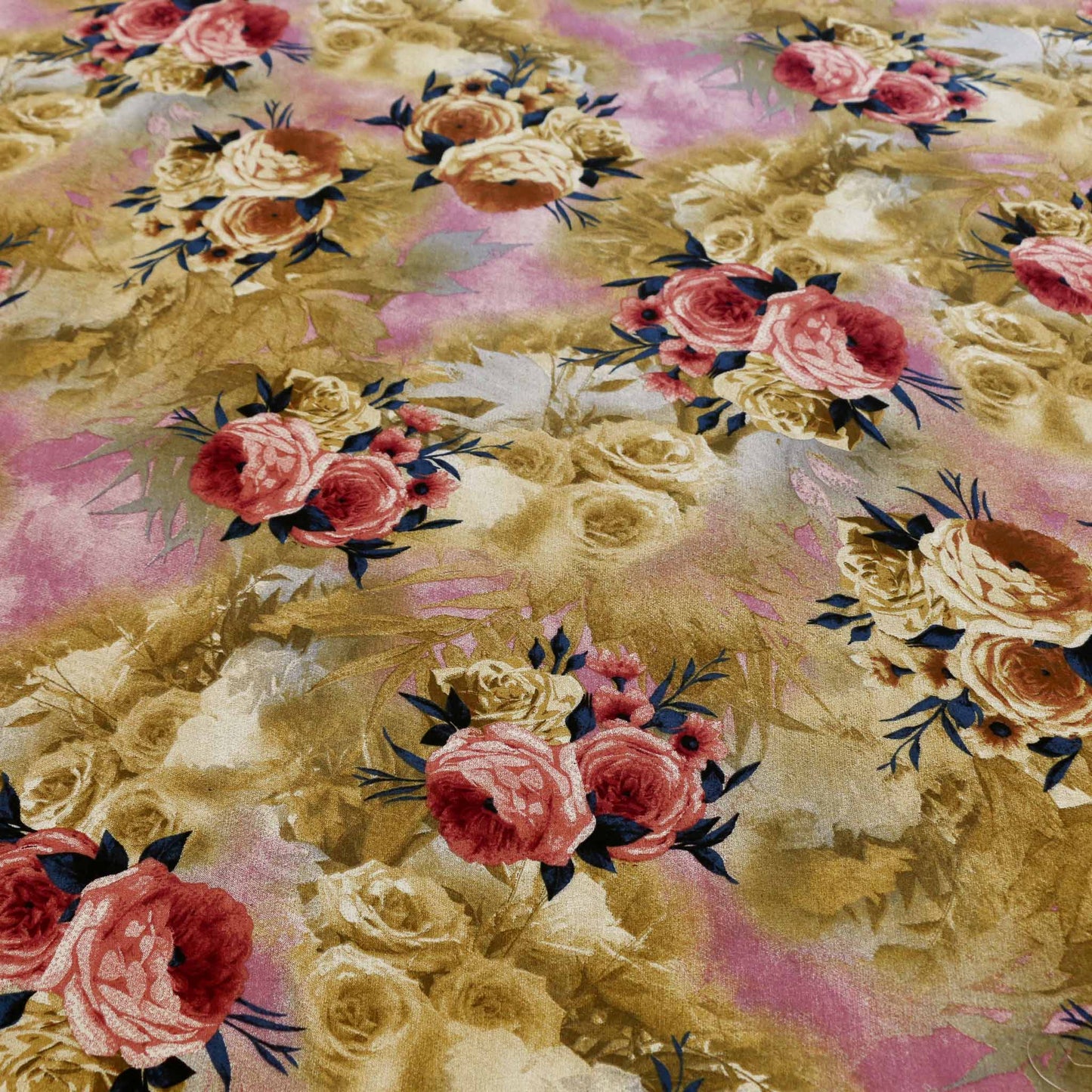 earthy brown pink and beige floral printed viscose challis dressmaking rayon fabric
