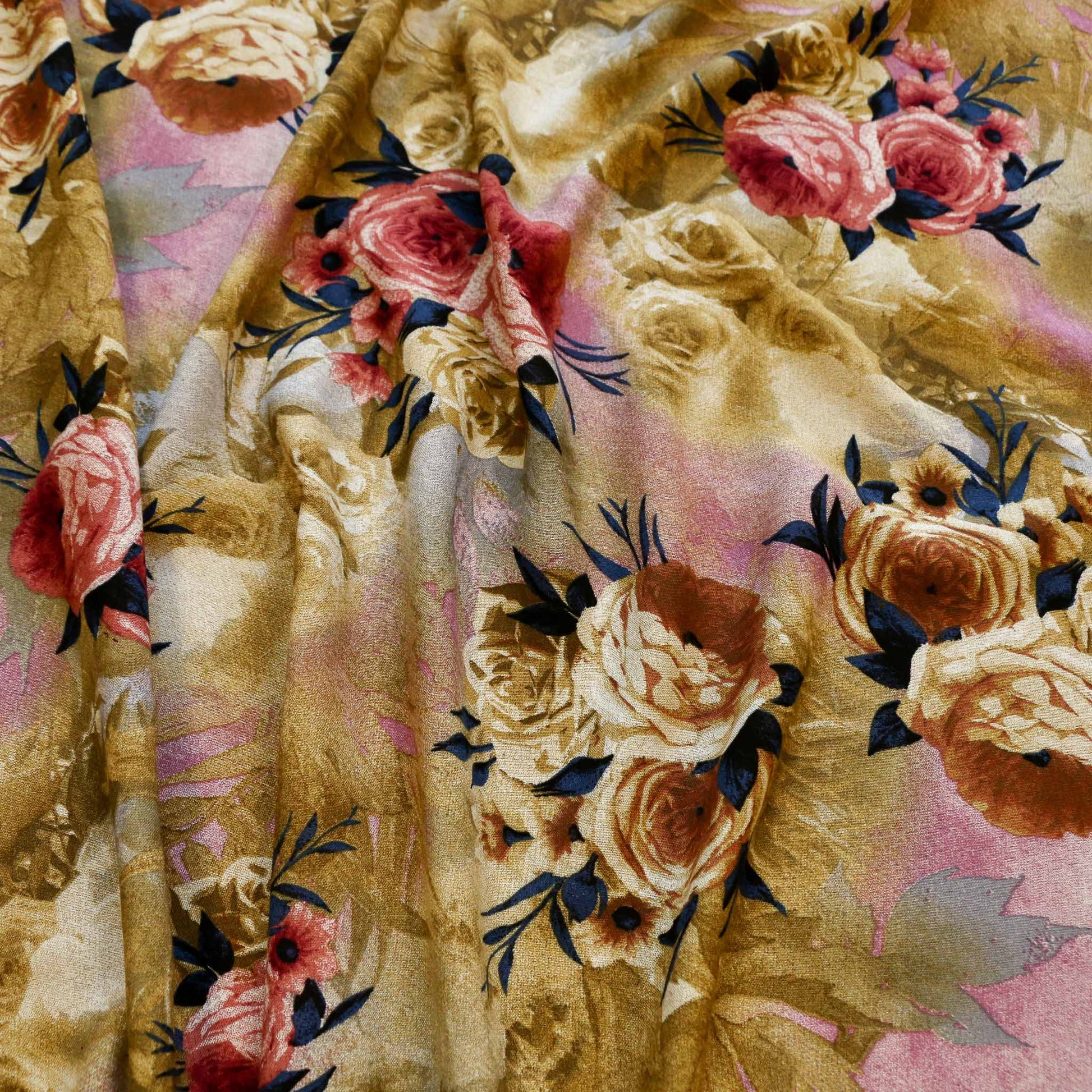 mustard and pink viscose rayon dressmaking fabric with printed roses
