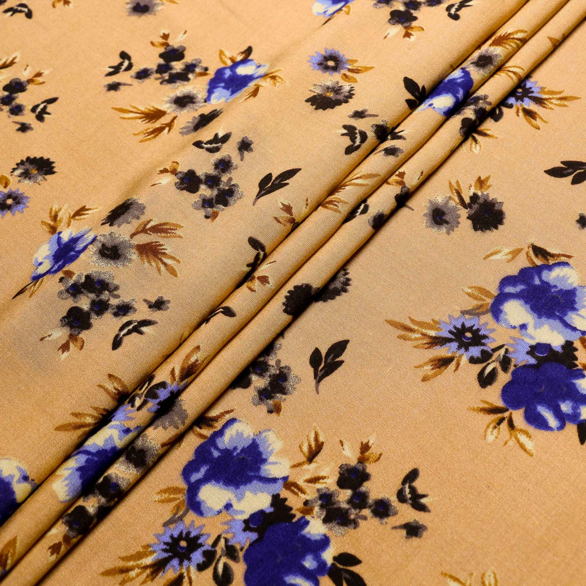 floral mustard coloured viscose challis dressmaking fabric