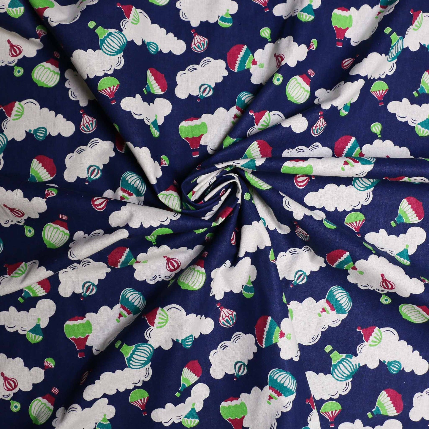 dark blue hot air balloon clouds retro cotton poplin dressmaking fabric for eco sustainable sewing