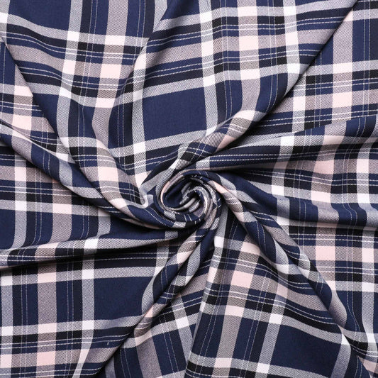 navy blue and white check viscose twill dressmaking rayon fabric