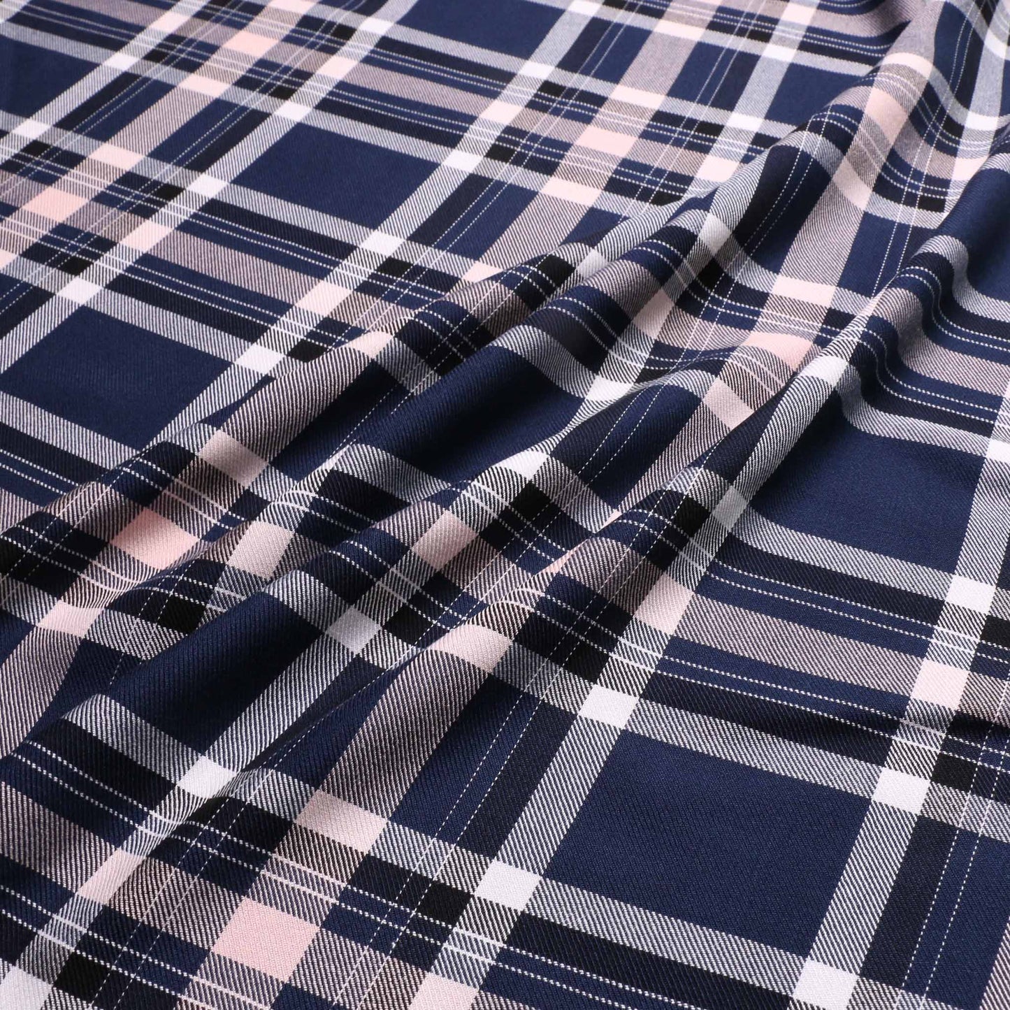 navy blue viscose twill with white and pink check designed rayon fabric for dressmaking
