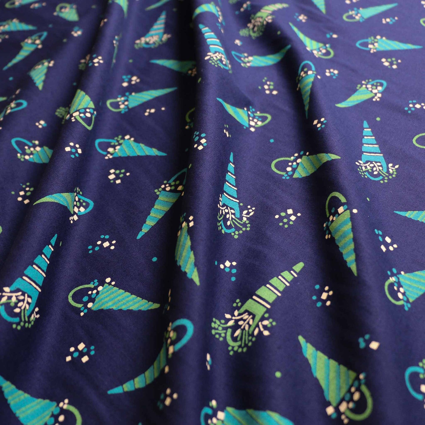 navy blue floral printed retro cotton poplin dressmaking fabric for sustainable clothes