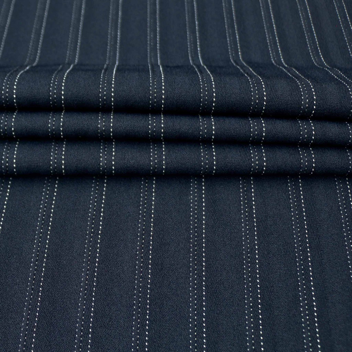 stretch navy suiting fabric with white dotted pinstripe design