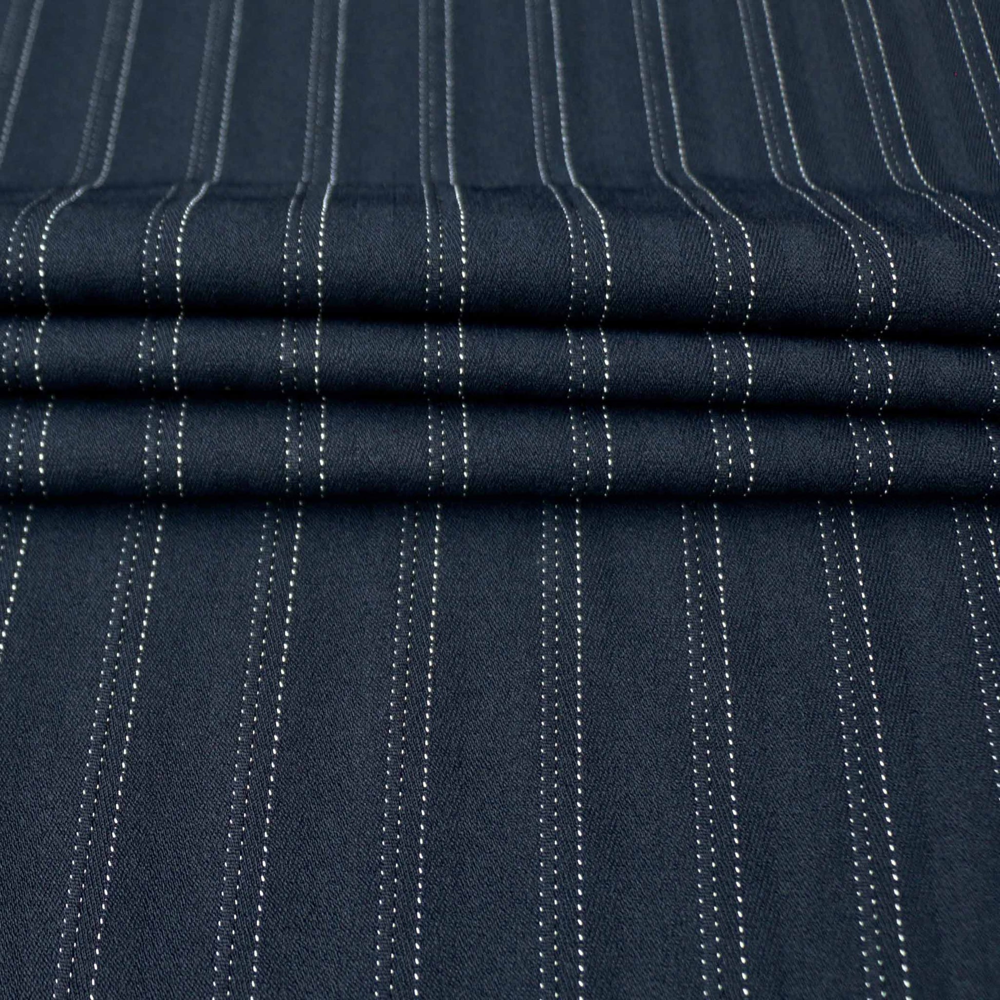 stretch navy suiting fabric with white dotted pinstripe design