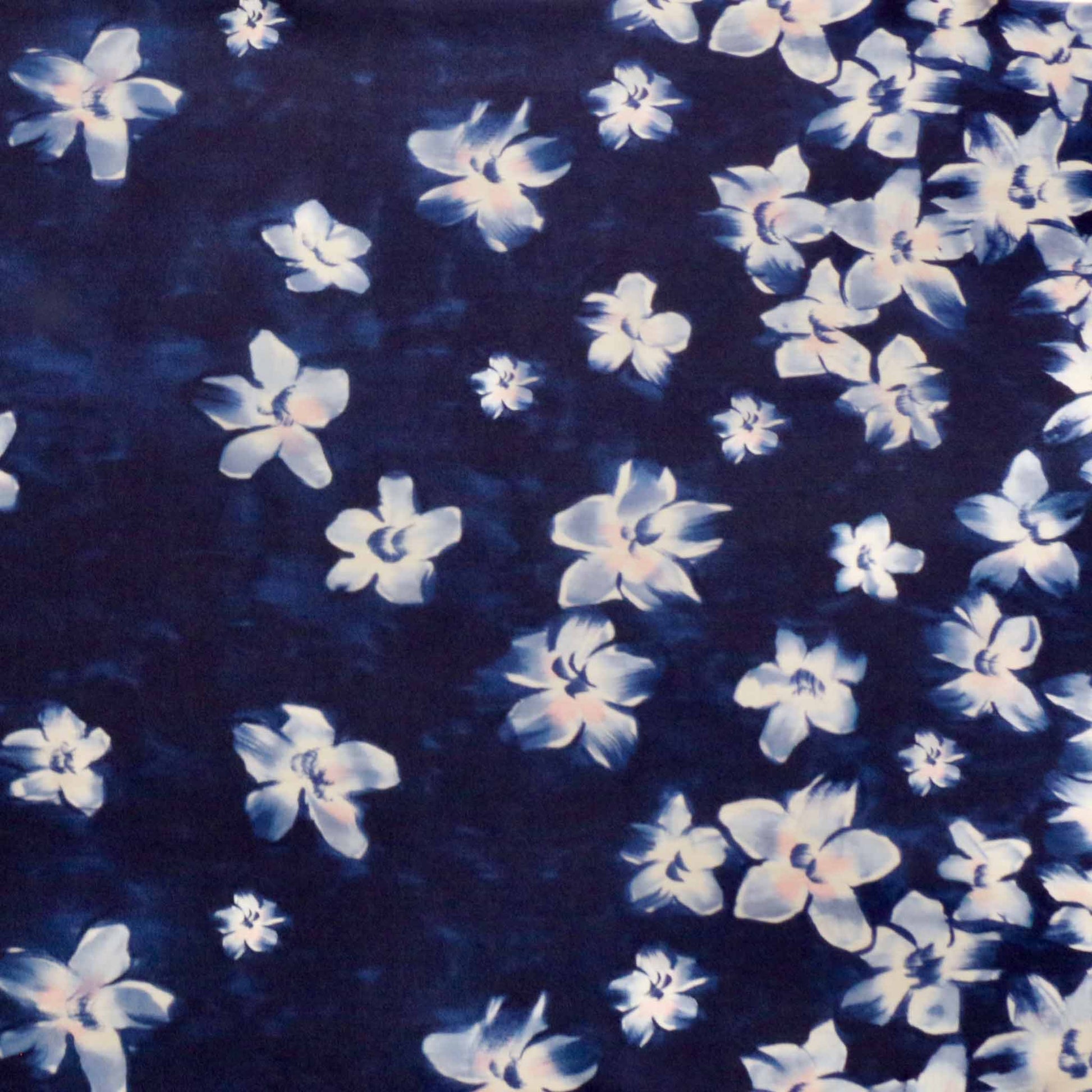 floral printed navy blue crepe back satin dressmaking fabric in white