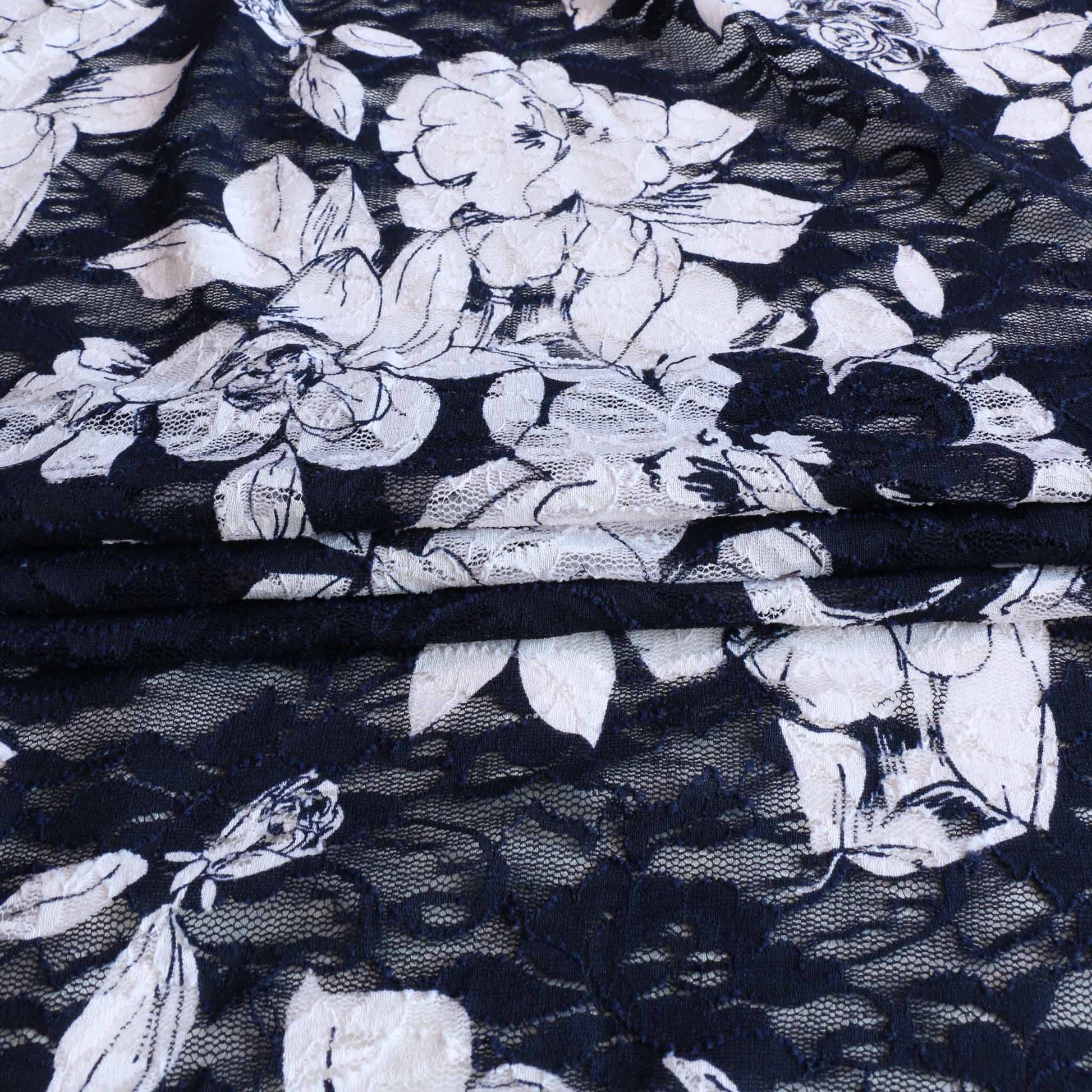 stretchy floral navy blue dressmaking lace fabric with white flowers
