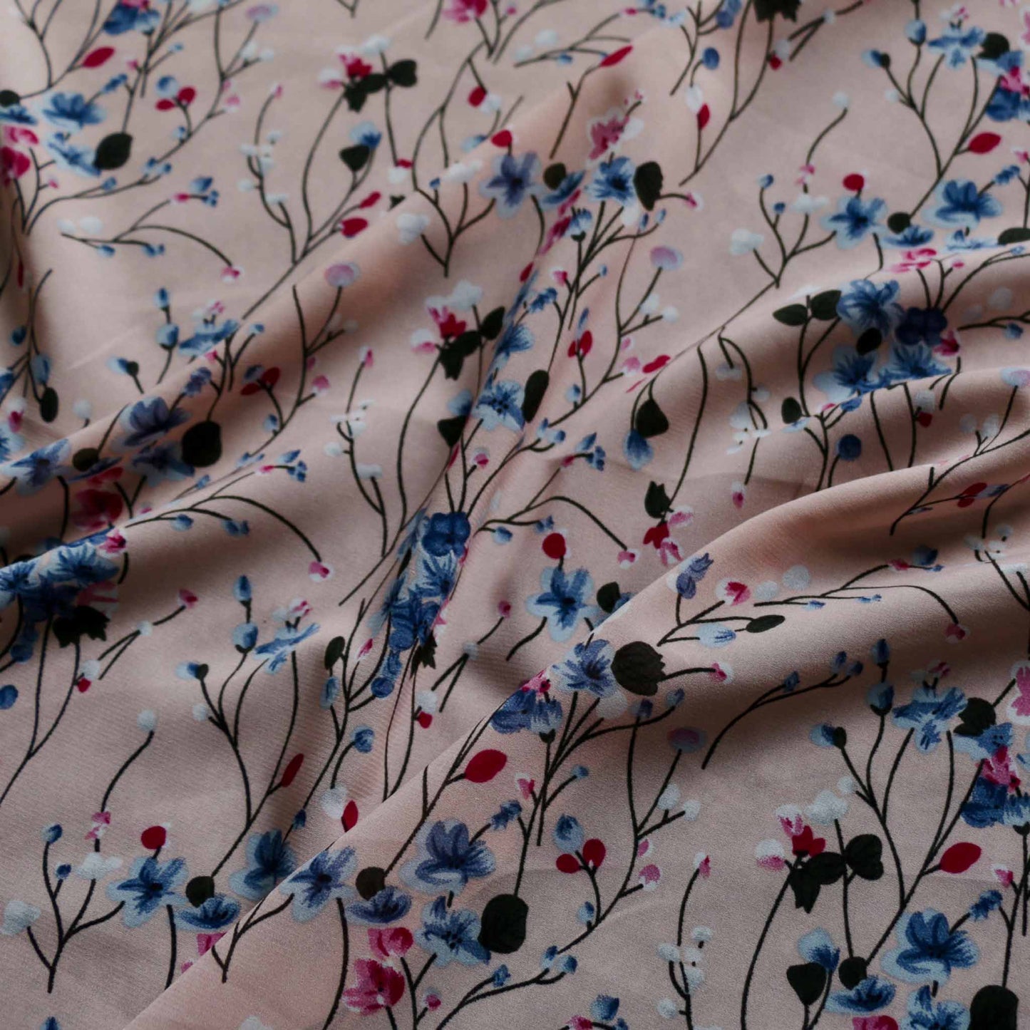 floral pink chiffon polyester dressmaking stretchy fabric with blue and maroon flowers