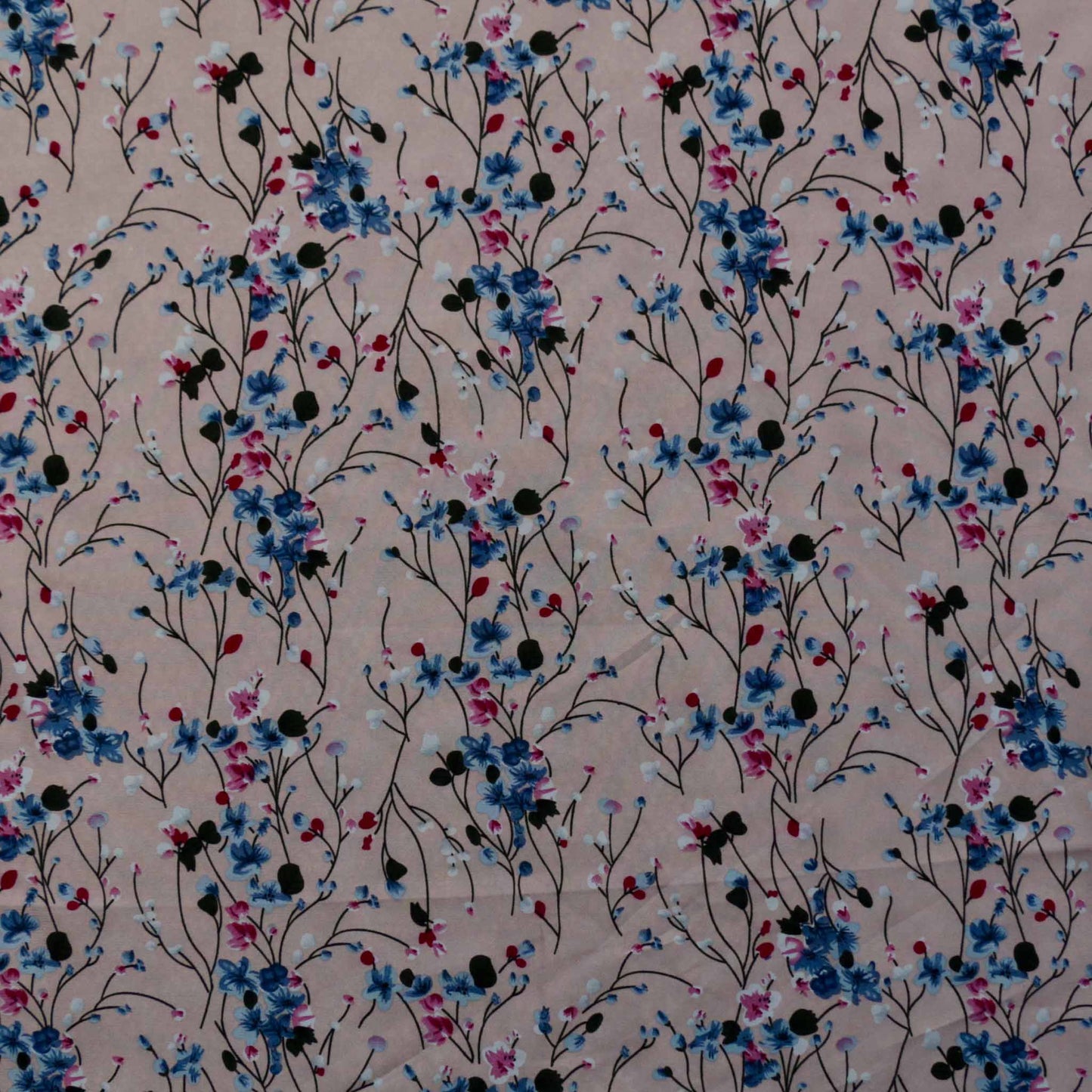 stretchy pink chiffon floral dressmaking fabric with blue flowers