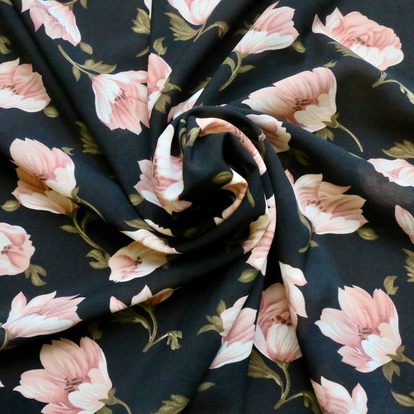 pink and black chiffon polyester dressmaking stretchy fabric with large floral print